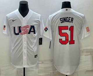 Men%27s USA Baseball #51 Brady Singer 2023 White World Baseball Classic Stitched Jerseys